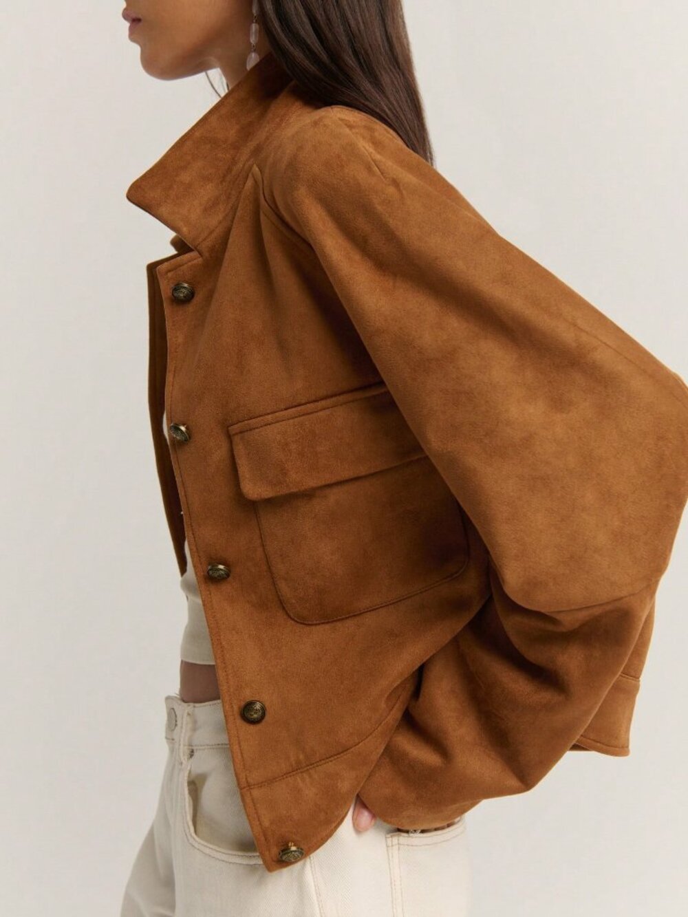 Khaki Casual Women's Regular Fit Faux Suedette Jacket - Picture 2 of 5